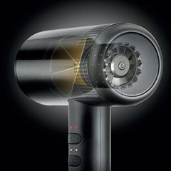 Black hair dryer with detailed design on a dark background