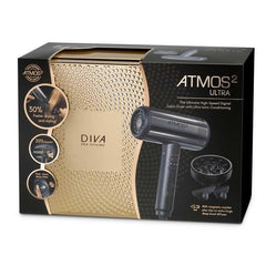Box packaging of Atmos2 Ultra hair dryer by Diva on a white background